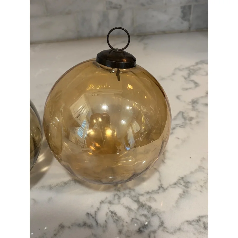 Crate‎ & Barrel Large Glass Xmas Ornaments Set 2 Smoke Grey Ribbed Amber Gold